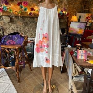 Sundress size one X swim cover-up, white linen blend floral custom painted 00AK